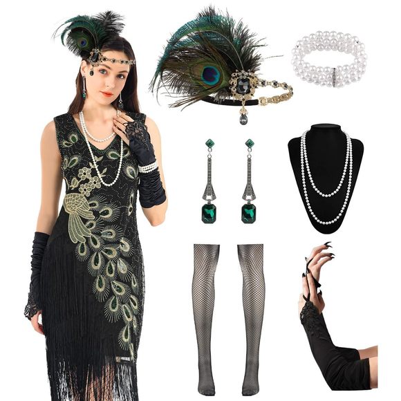 Women's Flapper Dresses 1920s Sequin Fringe Beaded Cocktail V Neck Dress😏